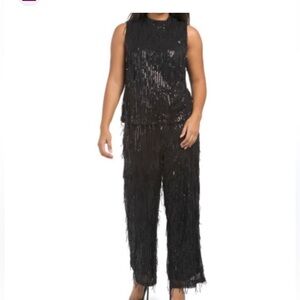 Nanette Lepore Black Sequin fringe 2 piece top and wide leg pants NWOT formal M